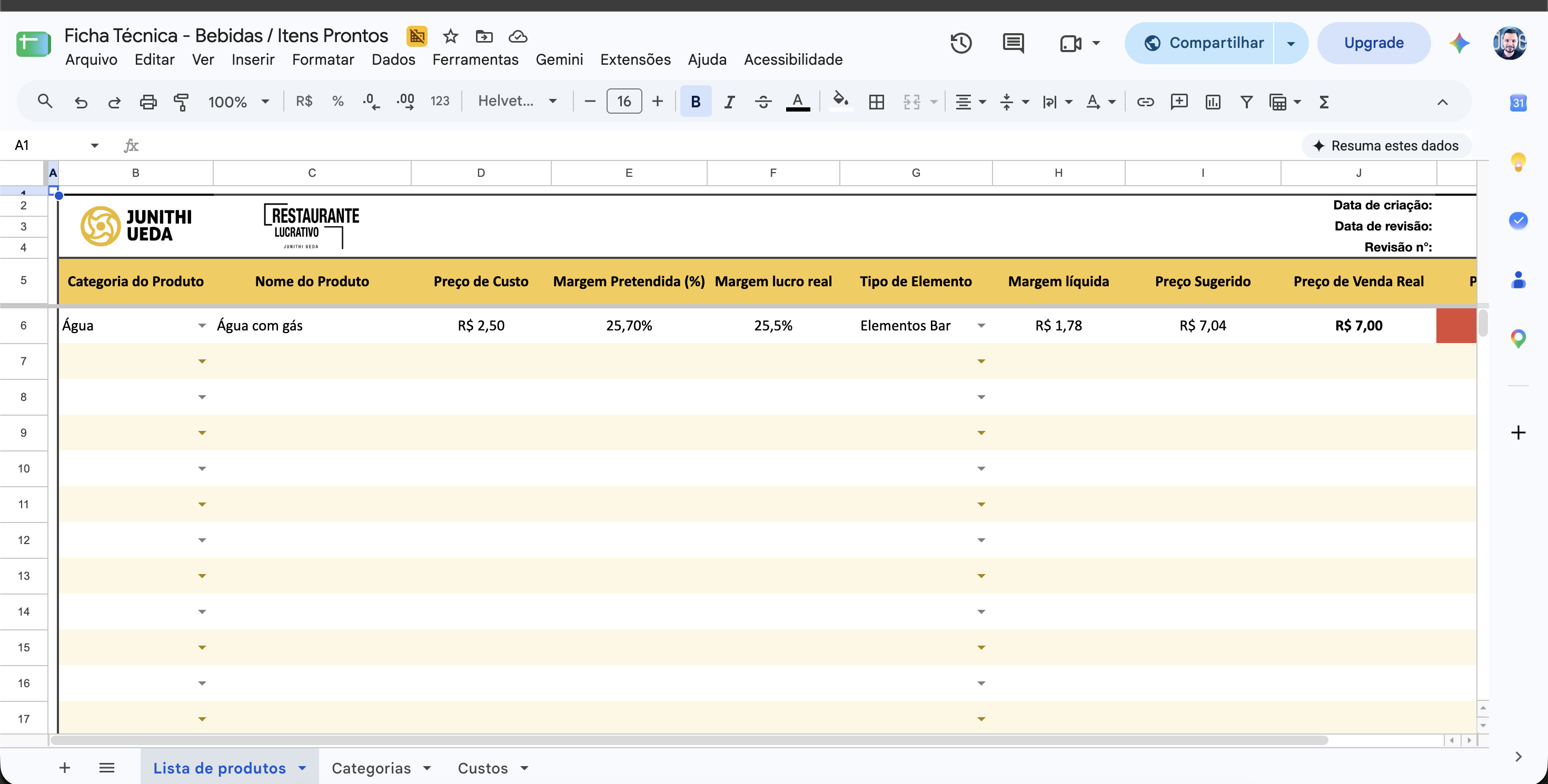 Planilha de ficha técnica para bebidas e itens prontos
