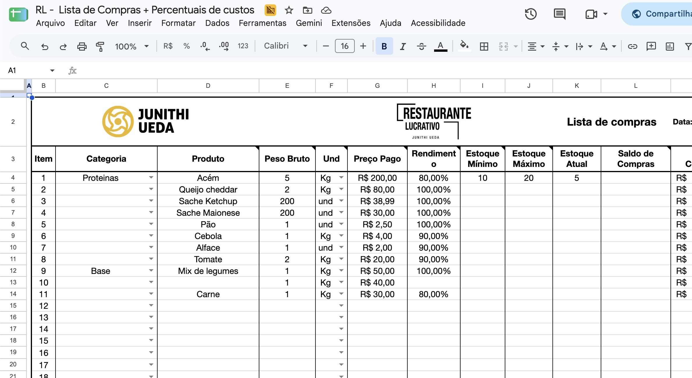 Planilha de lista de compras